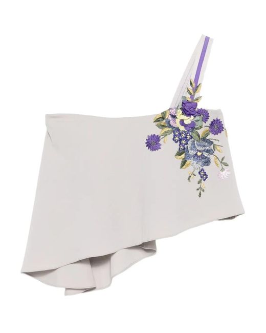 Gemy Maalouf White Embroidered-Flowers One-Shoulder Top