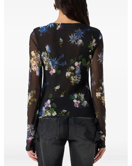 Blumarine Black Floral-Print Mesh Top
