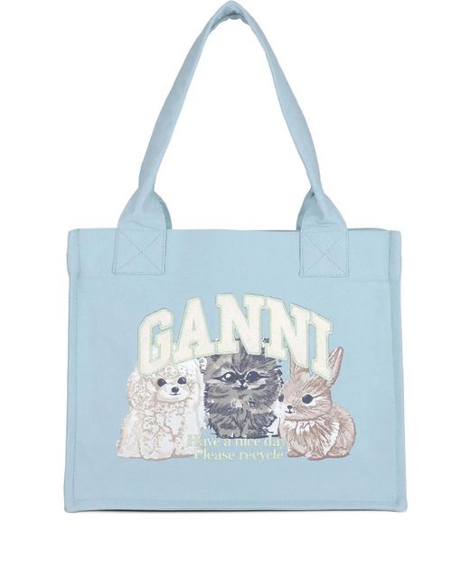 Ganni Blue Recylced-Cotton Large Tote Bag
