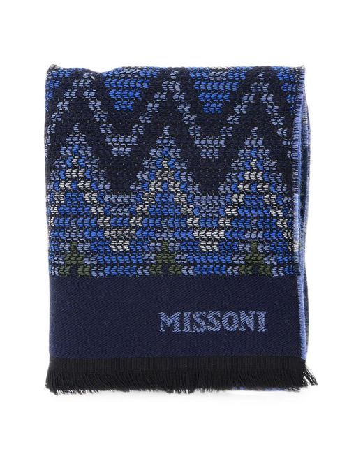 Missoni Blue Zigzag-Knit Fringed Scarf for men