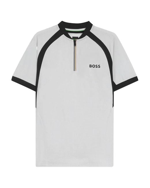 Boss Gray Half-Zip Panelled Polo Shirt for men