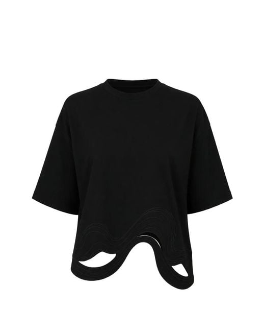 Alpha Studio Black Cut-Out Wavy-Hem T-Shirt
