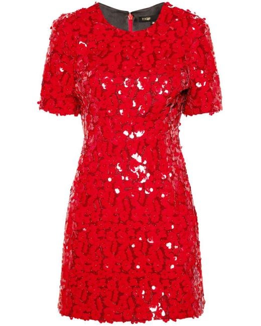 Maje Red Sequin-Embellished Crew-Neck Mini Party Dress