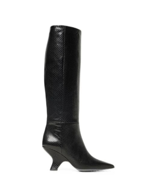 Anna F. Black Python-Print Leather Boots