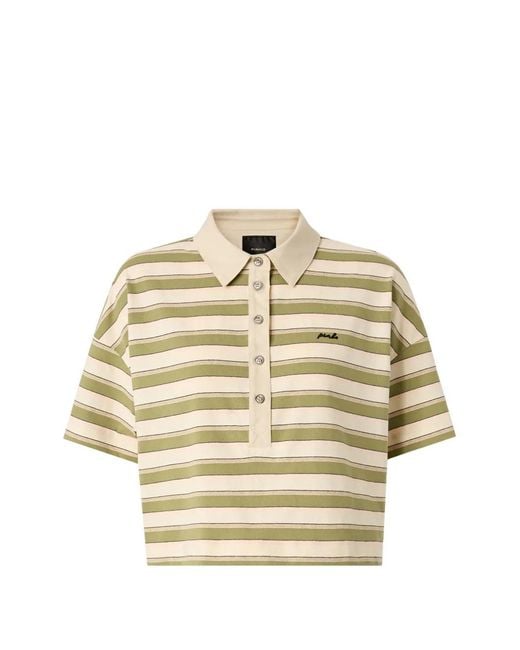 Pinko Metallic Cropped Striped Jersey Polo With Structured Collar