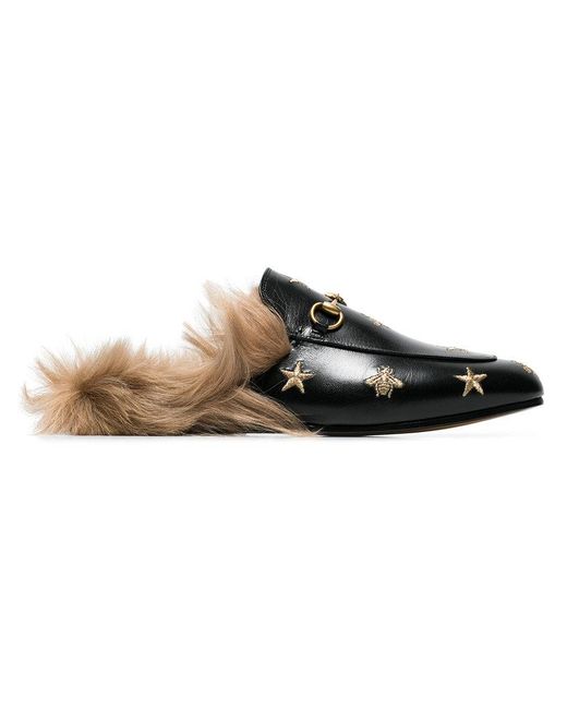 Gucci Multicolor Princetown Bee And Star Embroidered Fur Lined Loafers