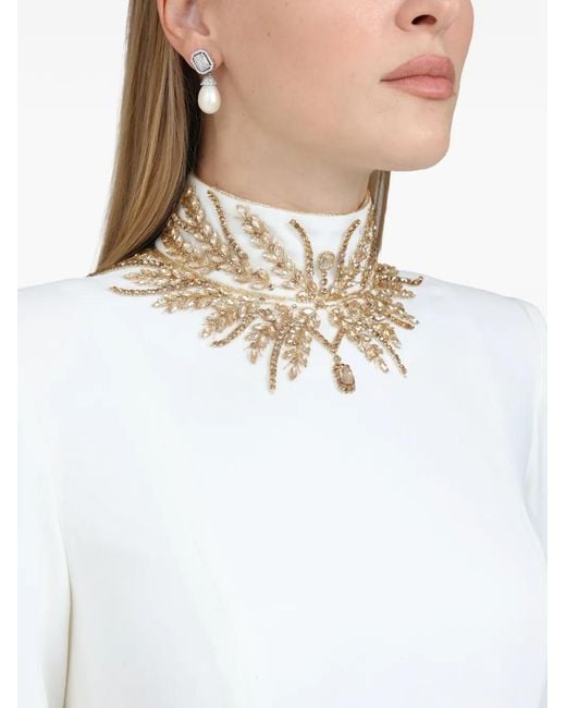 Dina Melwani White Embellished High-Neck Crepe Gown Maxi Dress