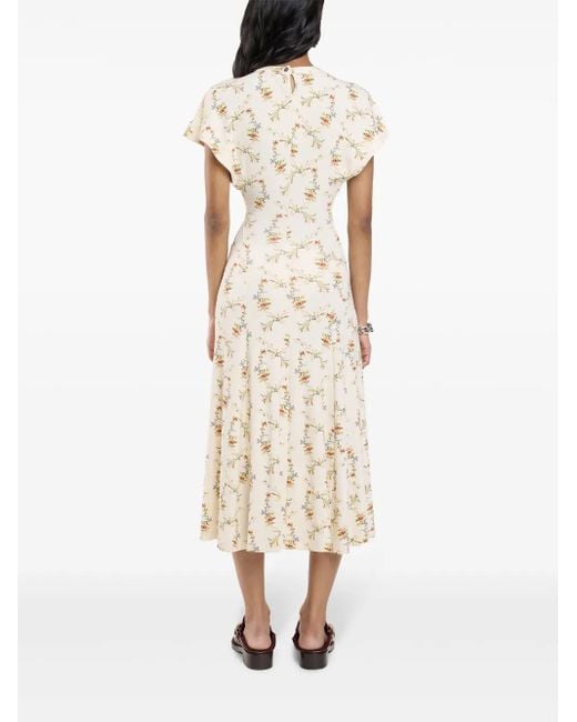 Rabanne Natural Floral-Print Ruched Midi Dress