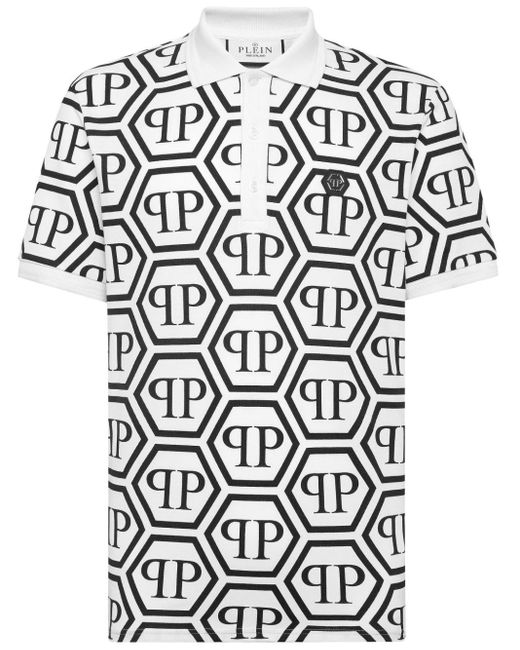 Philipp Plein White Monogram-print Cotton Polo Shirt for men
