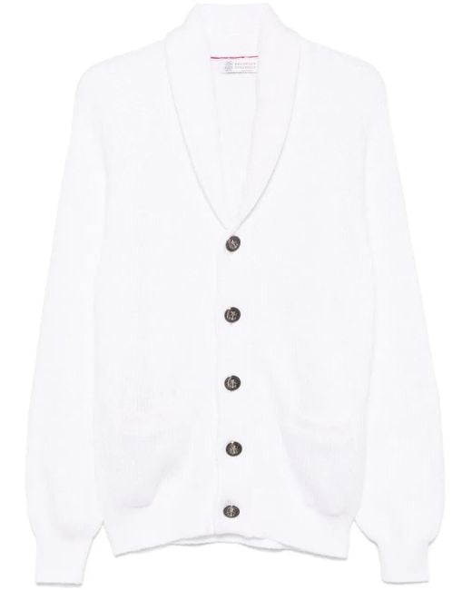 Brunello Cucinelli White English Rib Knit Cardigan for men