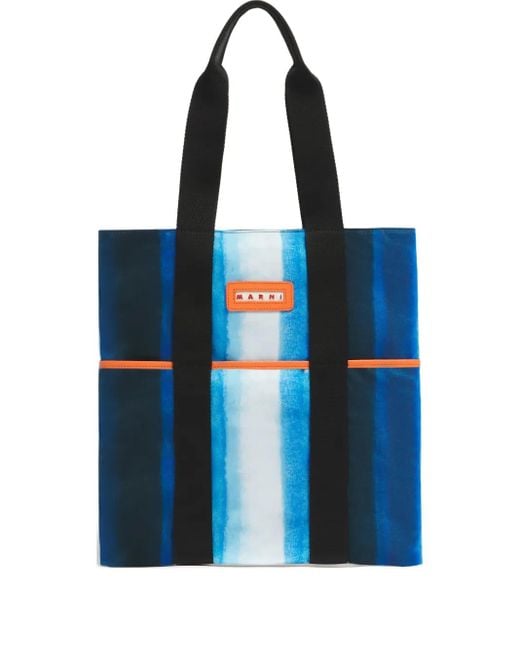 Marni Blue Striped Tape-Handles Tote Bag