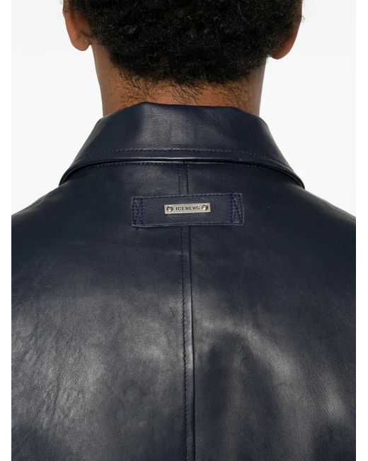 Iceberg Blue Zip-Up Leather Jacket for men