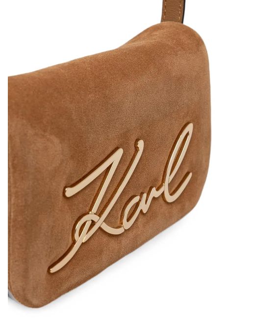 Karl Lagerfeld Brown Logo-Plaque Suede Shoulder Bag