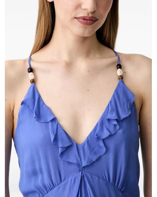 Pedro Del Hierro Madrid Blue Ruffled Beaded-Strap Maxi Dress