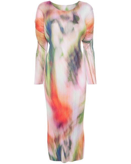 Pleats Please Issey Miyake Multicolor Printed Pleated Midi Dress