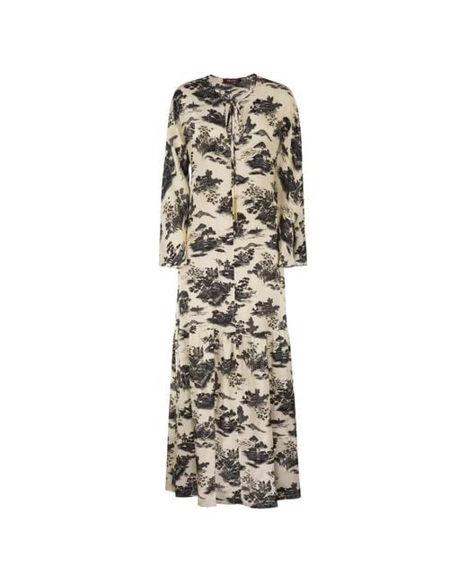Max Mara White Landscape-Print Drawstring Maxi Dress