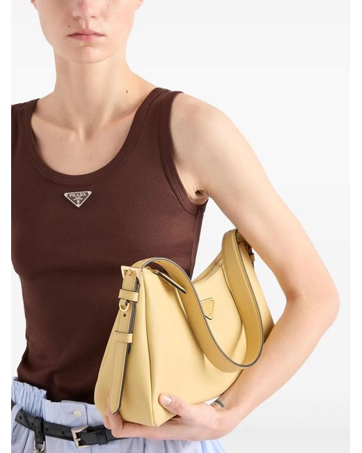 Prada Brown Logo-Plaque Ribbed Crop Top