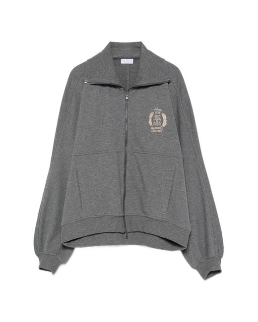 Brunello Cucinelli Gray Logo-Embroidered Zip-Up Hoodie