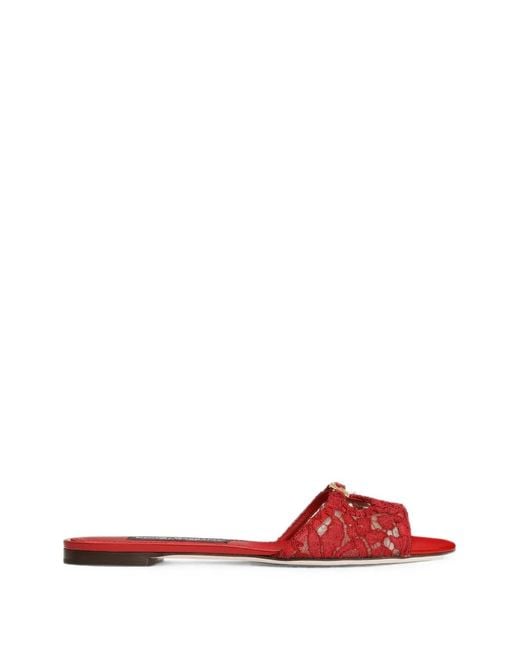 Dolce & Gabbana Red Lace Flat Slides