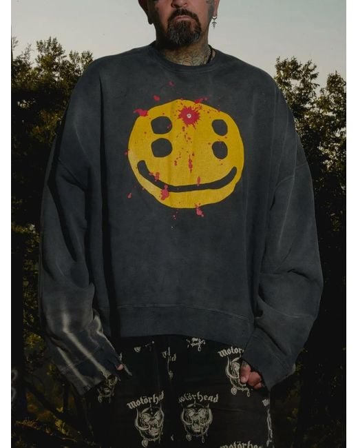 SAINT Mxxxxxx Black Smile Graphic-Print Distressed Sweatshirt for men