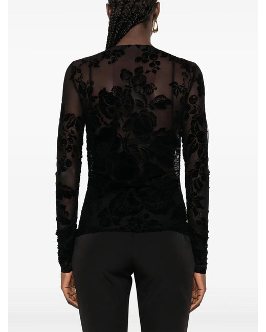 Pinko Black Sheer Long-Sleeve Floral Flocking Top