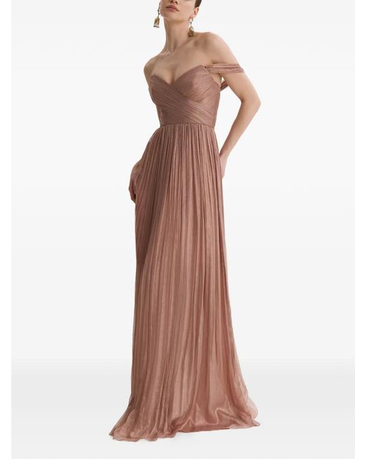 Framboise Brown Vaasa Off-Shoulder Pleated Maxi Dress