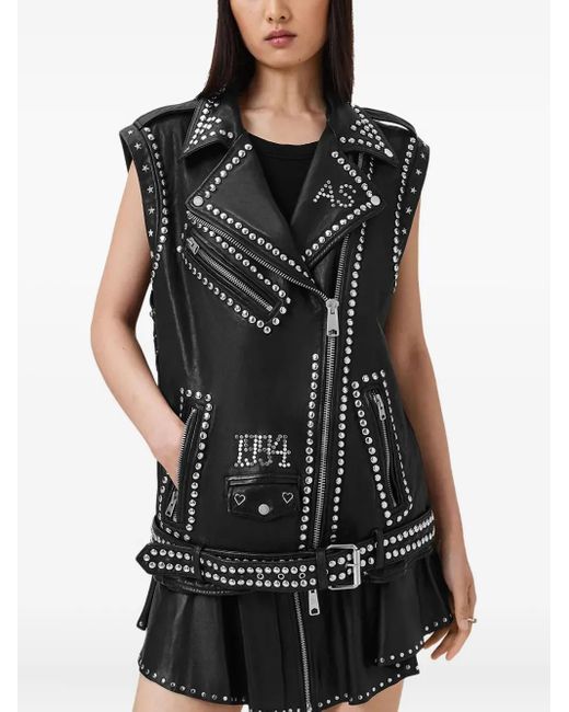 AllSaints Black Studded Leather Biker Vest