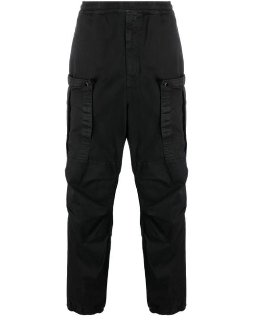 Stone Island Black Elasticated Band Loose Cargo Trousers In Broken Twill Cotton for men
