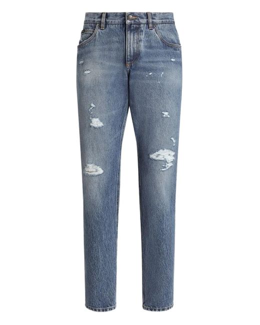 メンズ Dolce & Gabbana ダメージ ロゴプレート ジーンズ Blue