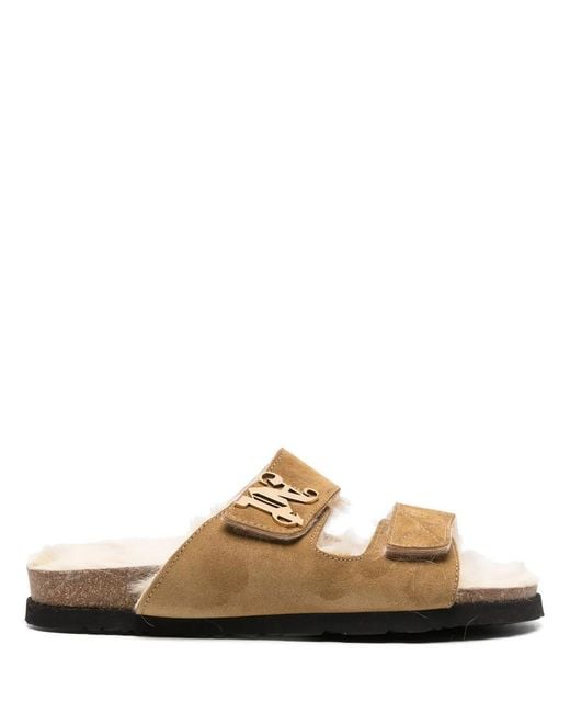 Palm Angels Natural Brown Logo-plaque Suede Sandals - Unisex - Sheep Skin/shearling/rubber/suede