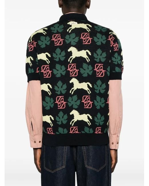 Drole de Monsieur Green Horse-Print Jacquard-Knit Polo Shirt for men