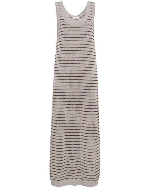 Brunello Cucinelli Gray Striped Cotton Maxi Dress