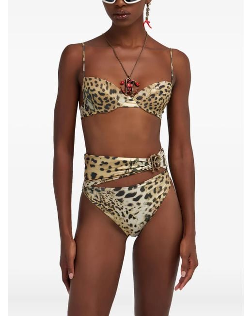 Roberto Cavalli White Leopard-Print Belted Bikini Bottom
