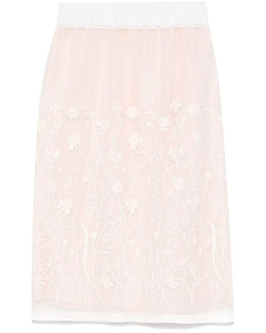 P.A.R.O.S.H. Pink Sorgente Floral-Embroidered Midi Skirt