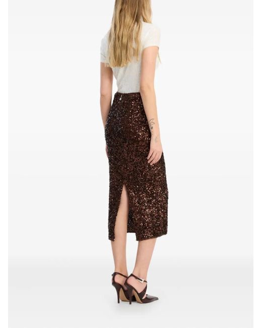 ROTATE BIRGER CHRISTENSEN Brown Sequin-Embellished Midi Pencil Skirt