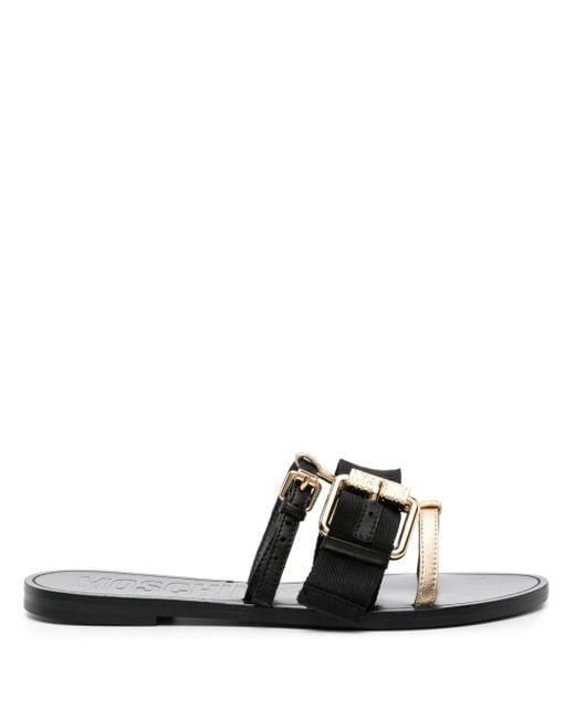 Moschino Black Buckle-straps Leather Slides