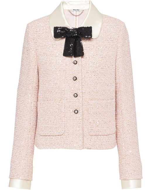 Miu Miu Pink Bow-neck Tweed Jacket