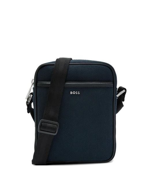 Boss Blue Canvas Reporter Bag With Logo Lettering for men