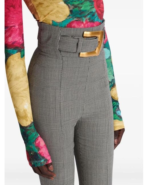 Balmain Gray Check-Pattern Belted Trousers