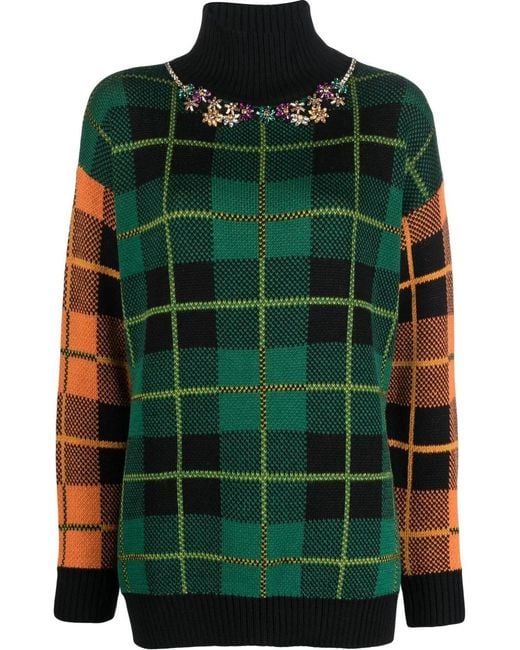ERMANNO FIRENZE Green Checked High-Neck Knitted Jumper