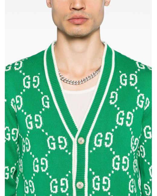 Gucci Green GG Intarsia-knit Cotton Cardigan for men