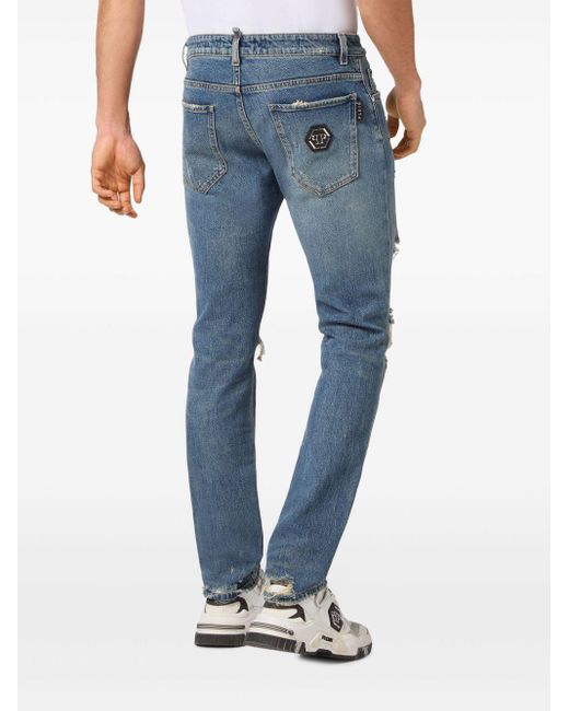 Philipp Plein Blue Ripped-detail Skinny Jeans for men