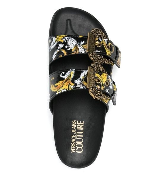Versace Jeans Couture Black Barocco-Print Slides