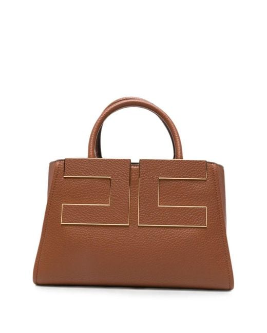Elisabetta Franchi Brown Logo-Plaque Grained Tote Bag