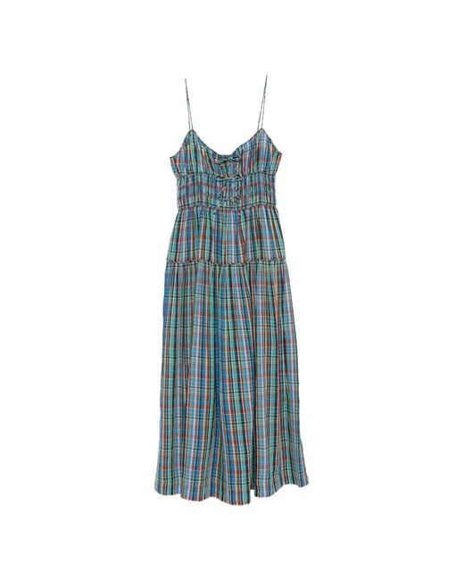 Doen Blue Brielle Plaid Shirred Maxi Dress