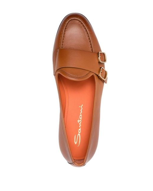 Santoni Brown Double-buckle Leather Loafers