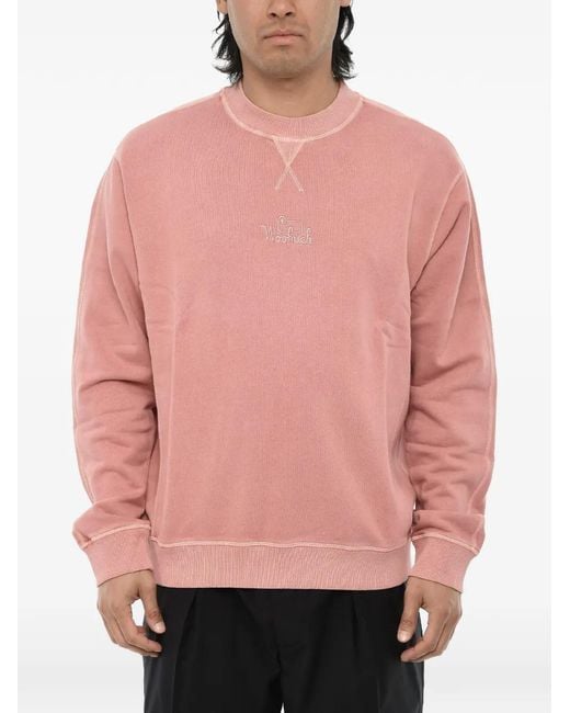 Woolrich Pink Logo-Embroidered Brushed-Cotton Sweater for men