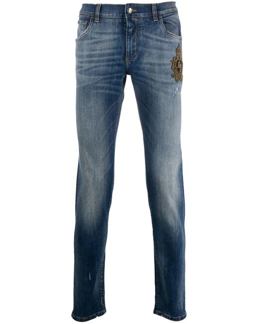 Dolce & Gabbana Blue Beaded Crown Slim-fit Jeans for men