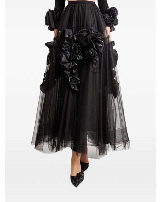 Gemy Maalouf Black Floral-Appliqué Tulle Midi Skirt