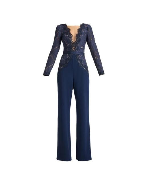 Tadashi Shoji Blue Amaris Lace-Panelled Belted Jumpsuit